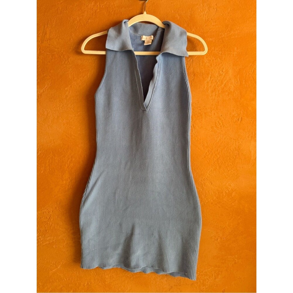 House of Harlow Blue Ribbed Sleeveless Sweater Mini Dress Collared Medium